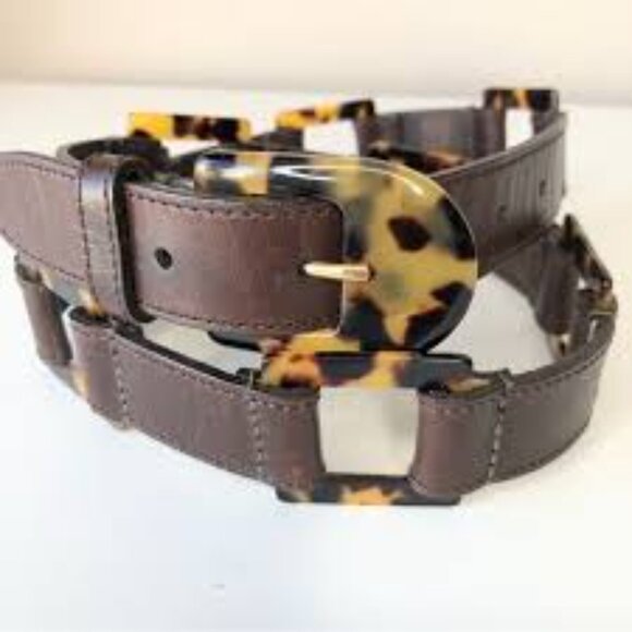 Vintage Henri Bendel Tortoise Shell Buckle/ Link & Brown Leather Belt- EUC